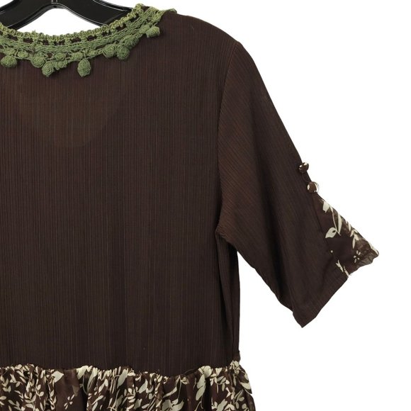 Pretty Angel Chocolate Floral Boho Tunic Top Womens L Crochet Trim Button Detail - Picture 15 of 15